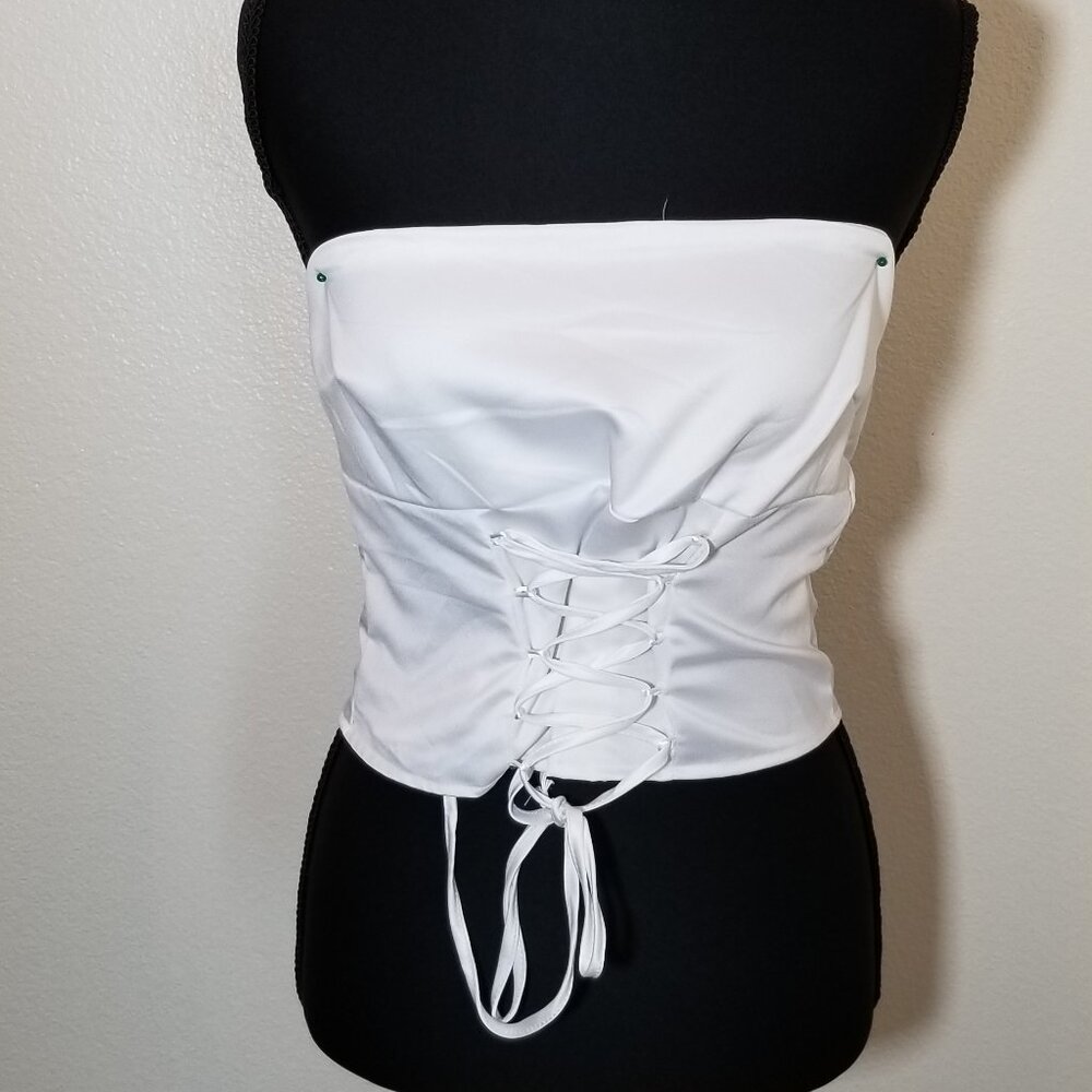White Strapless Corset Tie Front Top Womens Size 8 Festival Sexy Club City NWOT
